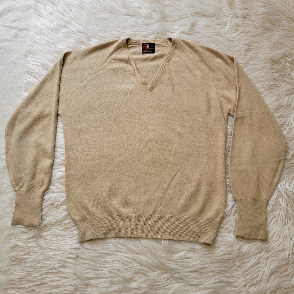 Vtg Arnold Palmer By Robert Bruce Union Made V-Neck Sweater Sz L Men Tan